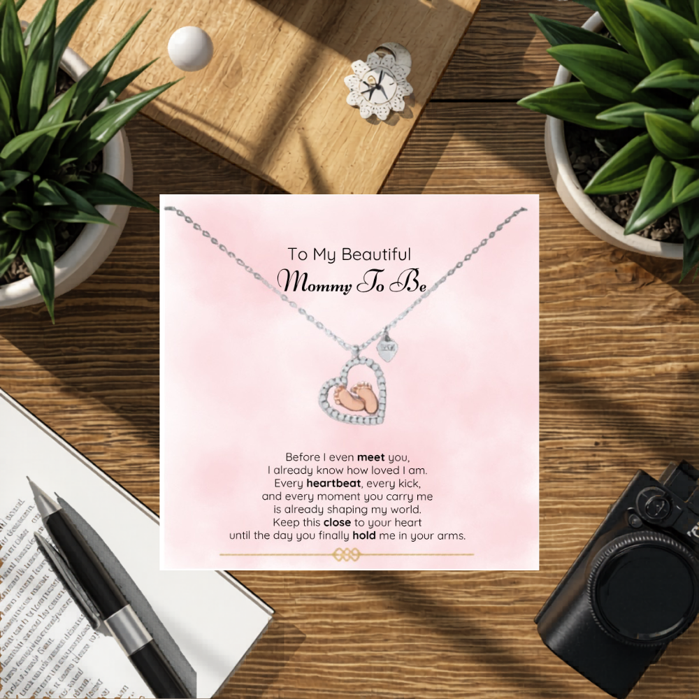 To My Beautiful Mommy-To-Be – Baby Feet Heart Necklace Gift Set