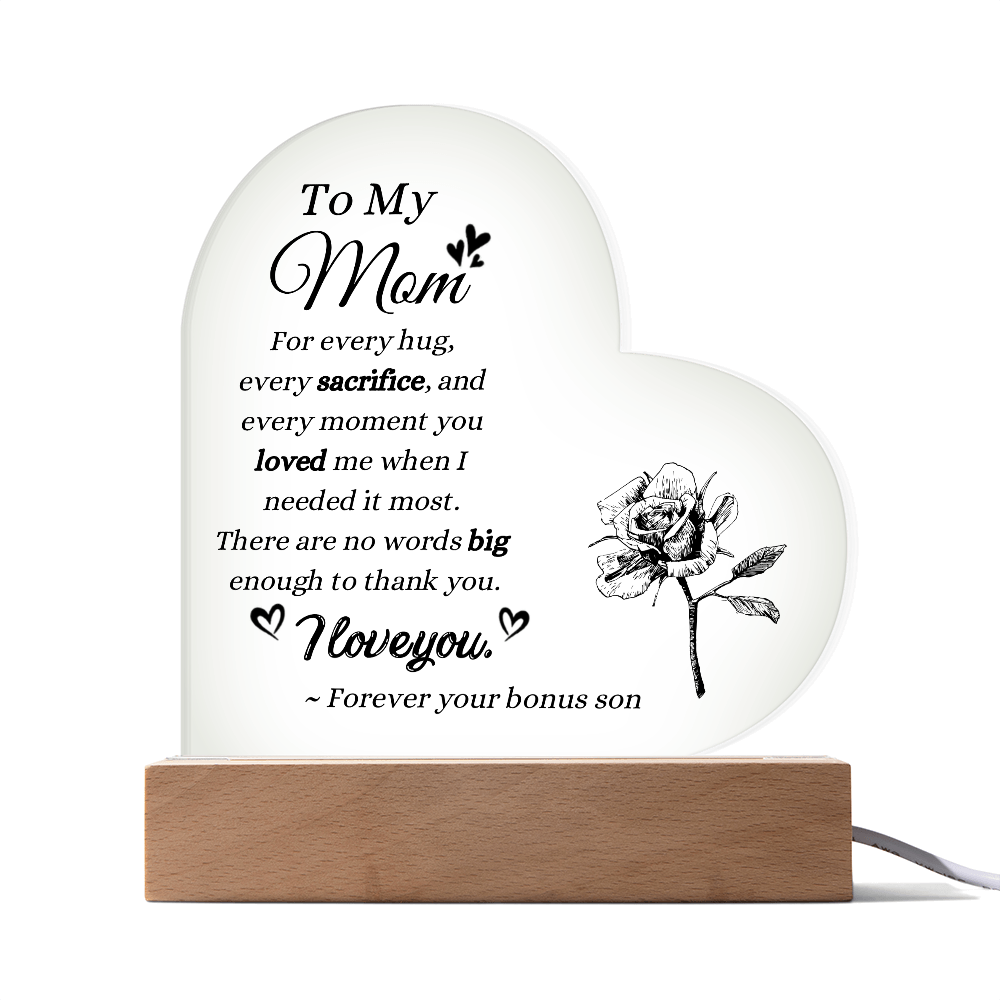 To My Mom Bonus Son Acrylic Plaque | LED Keepsake Gift for Stepmom | Sentimental Mother's Day Gift