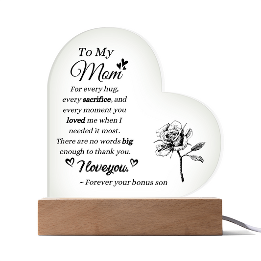 To My Mom Bonus Son Acrylic Plaque | LED Keepsake Gift for Stepmom | Sentimental Mother's Day Gift