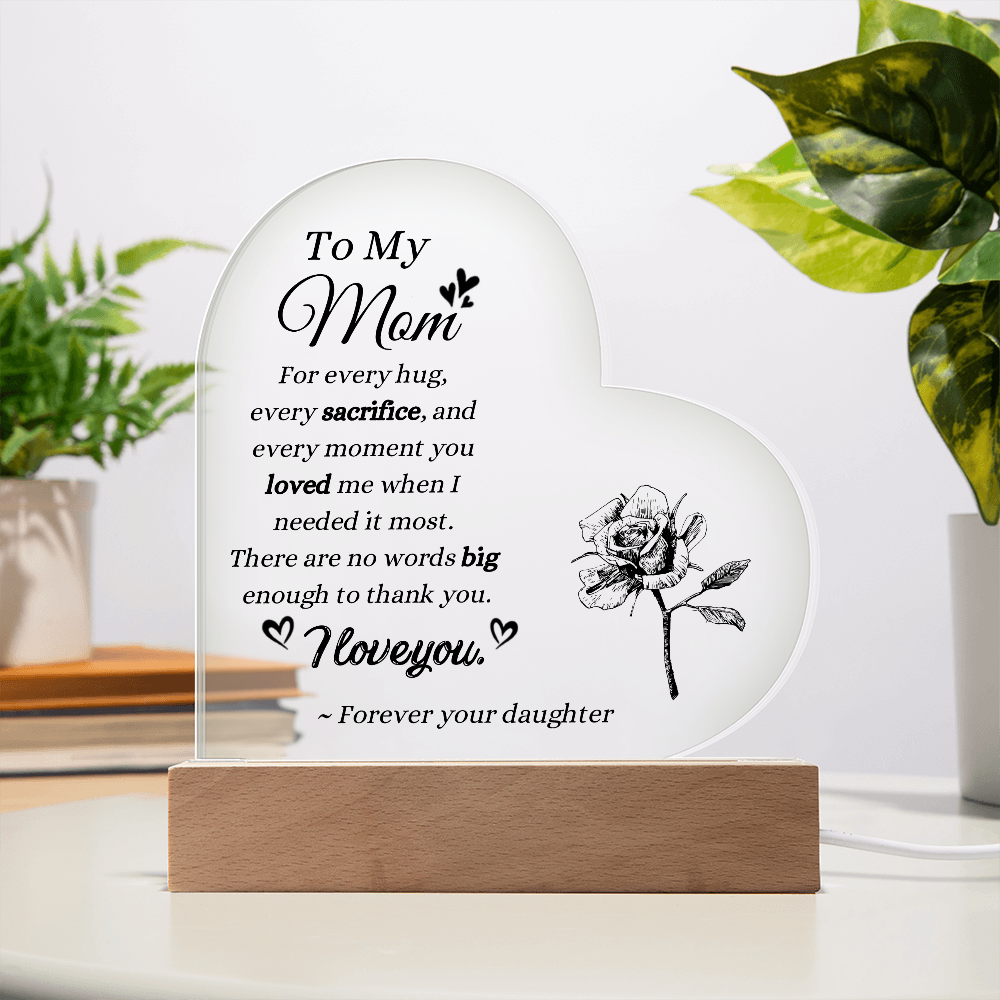 To My Mom Acrylic Heart Plaque | Personalized Mother's Day Gift from Daughter | LED Acrylic Night Light Keepsake for Mom