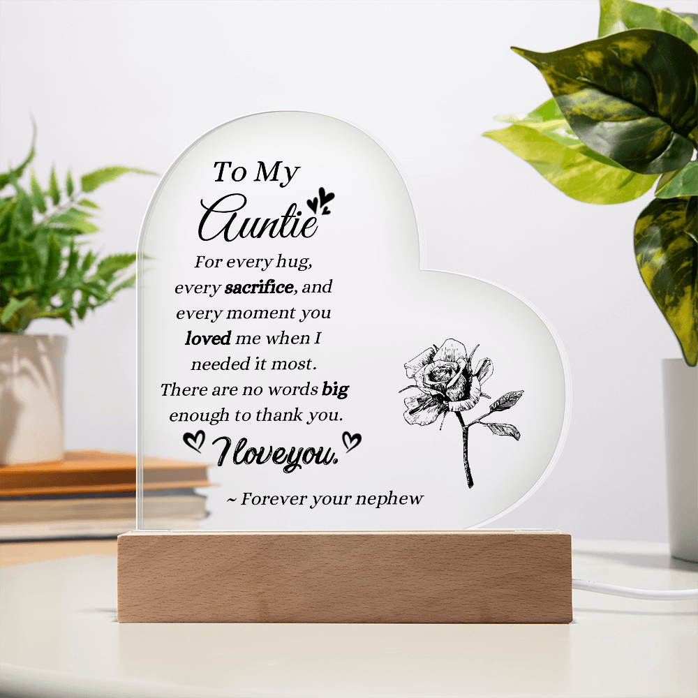 To My Auntie Acrylic Heart Plaque from Nephew | LED Keepsake Gift for Aunt | Meaningful Family Gift
