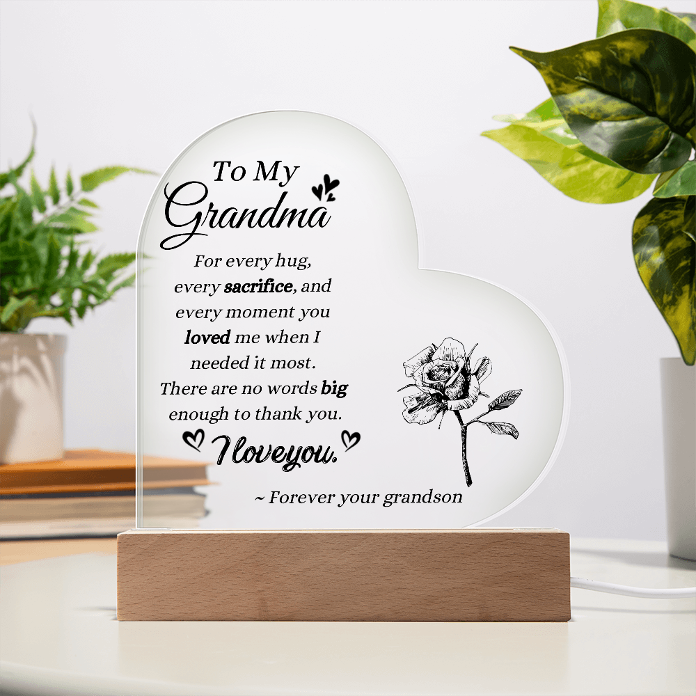 To My Grandma Acrylic Plaque from Grandson | LED Heart Keepsake Gift for Grandma | Sentimental Gift from Grandson