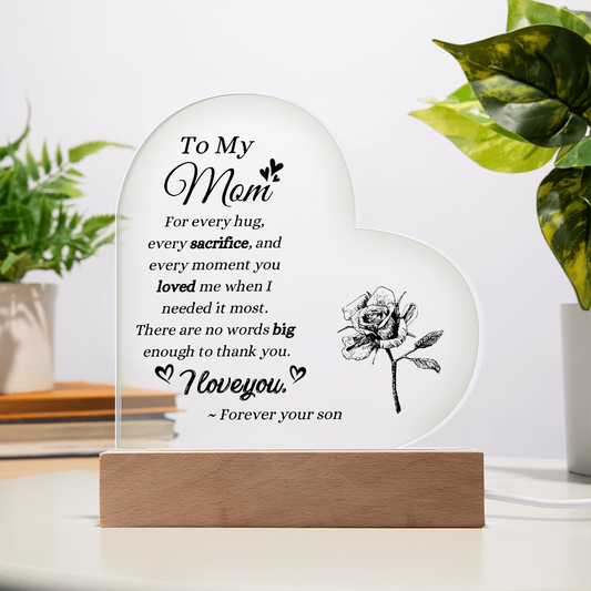 To My Mom Acrylic Heart Plaque from Son | Mother's Day LED Night Light Gift for Mom | Sentimental Acrylic Keepsake