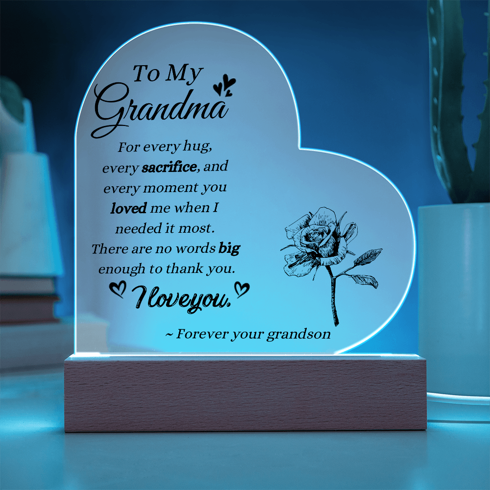 To My Grandma Acrylic Plaque from Grandson | LED Heart Keepsake Gift for Grandma | Sentimental Gift from Grandson