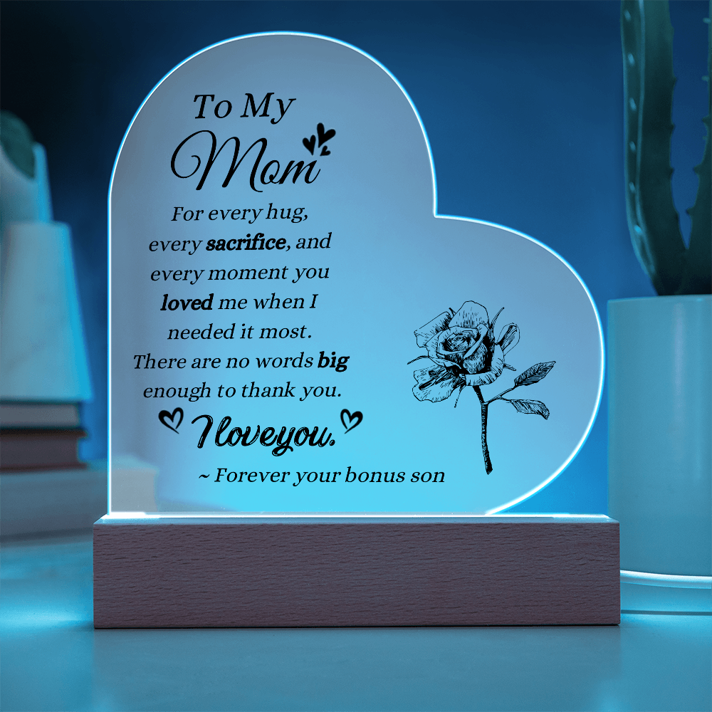 To My Mom Bonus Son Acrylic Plaque | LED Keepsake Gift for Stepmom | Sentimental Mother's Day Gift