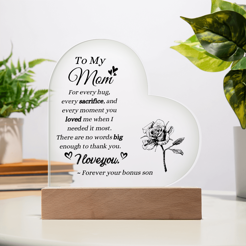 To My Mom Bonus Son Acrylic Plaque | LED Keepsake Gift for Stepmom | Sentimental Mother's Day Gift