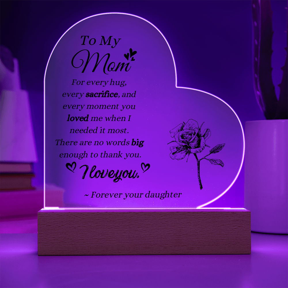 To My Mom Acrylic Heart Plaque | Personalized Mother's Day Gift from Daughter | LED Acrylic Night Light Keepsake for Mom