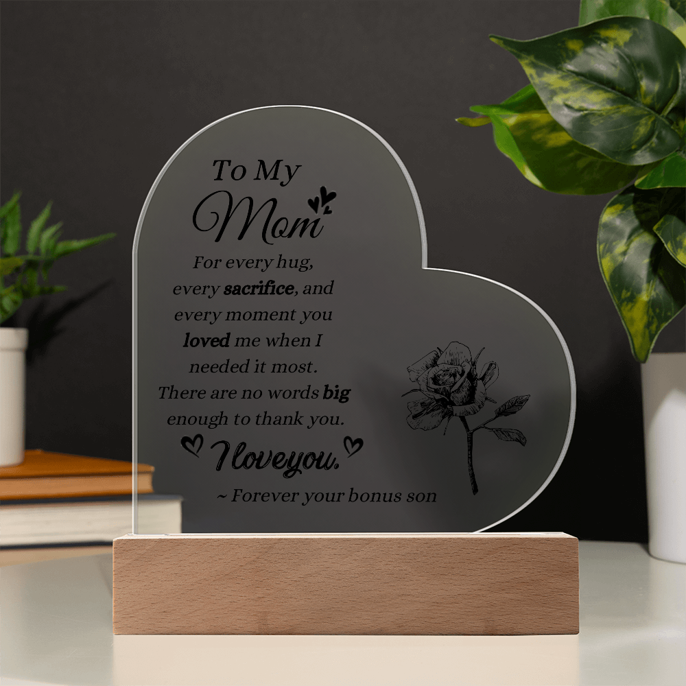 To My Mom Bonus Son Acrylic Plaque | LED Keepsake Gift for Stepmom | Sentimental Mother's Day Gift