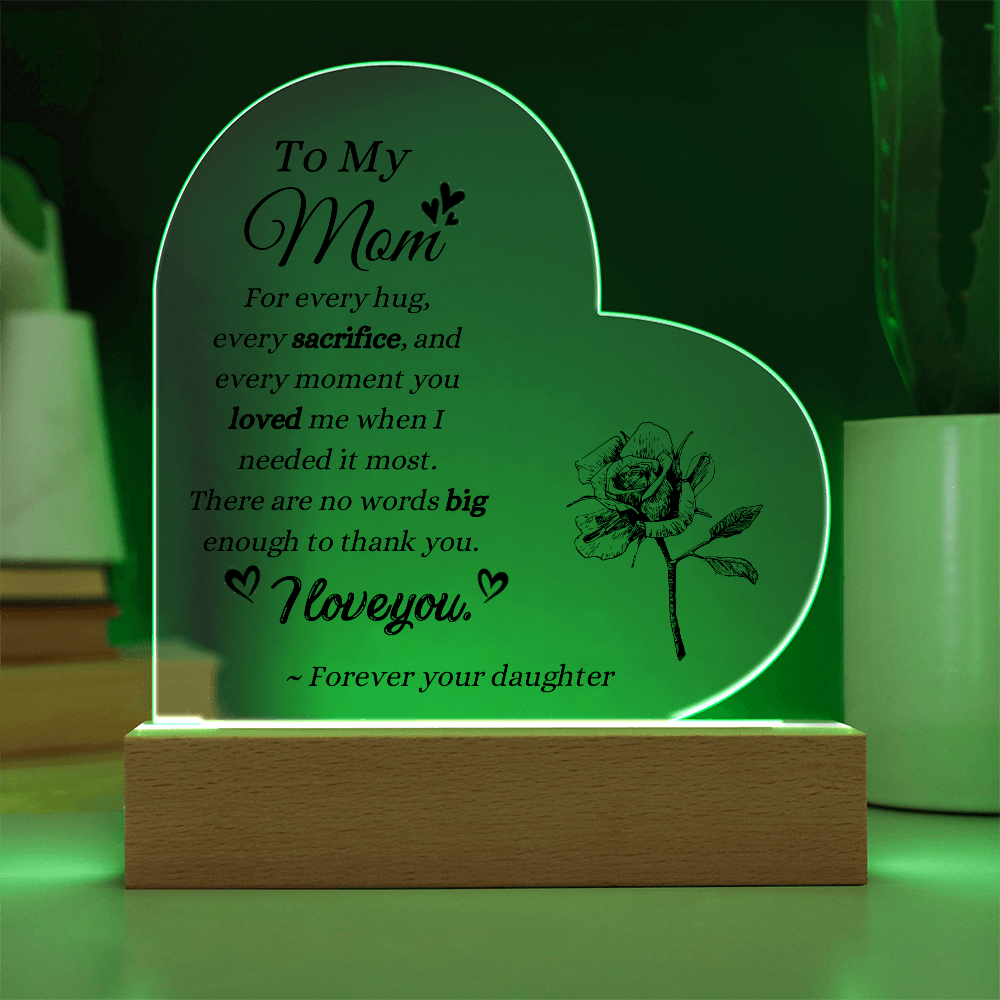To My Mom Acrylic Heart Plaque | Personalized Mother's Day Gift from Daughter | LED Acrylic Night Light Keepsake for Mom