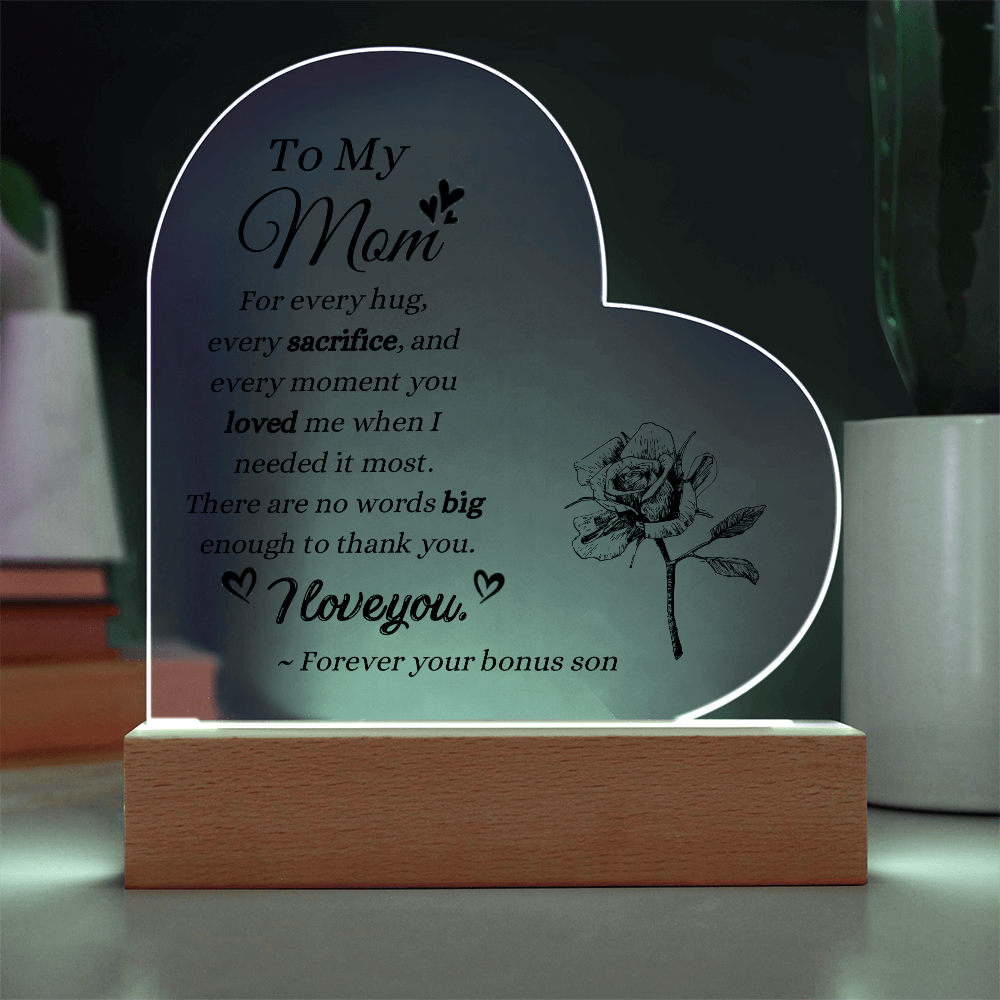 To My Mom Bonus Son Acrylic Plaque | LED Keepsake Gift for Stepmom | Sentimental Mother's Day Gift