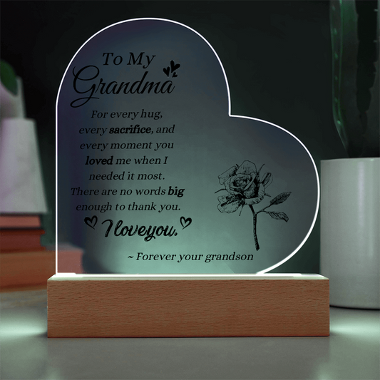 To My Grandma Acrylic Plaque from Grandson | LED Heart Keepsake Gift for Grandma | Sentimental Gift from Grandson