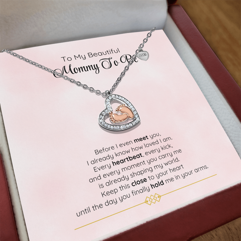 To My Beautiful Mommy-To-Be – Baby Feet Heart Necklace Gift Set